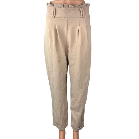 Zara Cream Beige Pleated Cuffed Tapered Leg Paperbag Crop Ankle Trousers Pants M - Picture 1 of 5